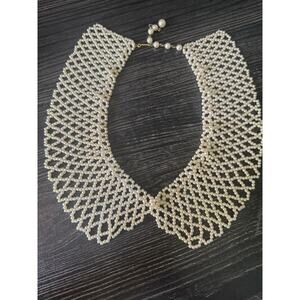 Vintage Faux Pearl Statement Bib Collar Necklace with Hook Clasp
